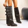 Novos Sapatos Femininos de Comércio Exterior com Bico Fino, Cano Alto, Fivela de Metal Reta, Botas de Comprimento Médio, Tamanho Grande, Salto Grosso, Botas para Calça, Botas Femininas