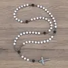 Collar con Colgante de Cruz para Hombre Europeo y Americano Piedra de Ojo de Tigre Obsidiana Cuentas Redondas Cadena Larga Cruz de Hematita Cruz de Rosario