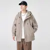 Chaqueta cortavientos e impermeable ligera de estilo japonés para exteriores, corte holgado con capucha para pareja, chaqueta de trabajo unisex para primavera y otoño
