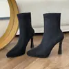 Botas altas ajustadas de tacón alto con punta cuadrada, de material elástico, con tacón grueso y forro de felpa, para mujer, impermeables, de plataforma, ajustadas a la pierna, tipo calcetín, de tacón alto