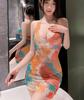 Fuego Naranja Nueva Tentación Sexy Lencería Sexual Espalda Descubierta Estampada Tie-Dye Falda de Cadera Deseo Puro Chica Picante Tirantes Falda Floral