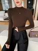 Blusa feminina de gola semi-alta, manga longa, malha sem costura, pulôver para primavera e outono, casual, versátil, básica, confortável e estilosa