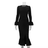 Vestido Francês Feminino Transfronteiriço Novo Gola Redonda Manga Sino Single-Breasted Estilo Commuter Elegante Preto Saia Longa