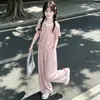 Conjunto de Verão para Meninas 2026 Novo Estilo Infantil de Verão Manga Curta Fino Fashionável Conjunto de Duas Peças com Calça de Pernas Largas