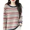 Sudadera de nuevo estilo holgada, top de punto a rayas de manga larga para principios de otoño, hilo de algodón, talla grande, capa interior de bloques de color, hombros caídos, colorido