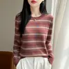 Suéter de punto para mujer, nuevo modelo Otoño 2026, cuello redondo, estampado floral a rayas, suéter fino de Tencel, corte holgado, camiseta básica
