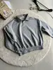 Sudadera pesada con cuello polo de patchwork de espiga gris floral americana, unisex, estilo intelectual Miu, prenda de abrigo de otoño