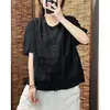 Otoño Verano Artístico Retro Estilo Simple Algodón Lino Manga Corta Camisa Top Nuevo Diseño de Bolsillo Cárdigan Holgado Adelgazante Mujer