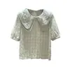 Camiseta de Manga Curta para Meninas 2026 Verão Novo Estilo Gola Boneca Blusa de Chiffon Moda para Meninas Manga Curta Elegante com Babados Tendência