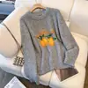 Suéter Tejido de Punto con Cuello Redondo Jacquard Naranja Energético Otoño/Invierno Sentido del Diseño Bloque de Color Mangas Raglán Top para Mujer