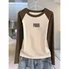 Camiseta feminina de algodão puro com gola redonda e mangas compridas, novo estilo outono 2026, corte slim, que valoriza a silhueta, camada interna, top com manga raglan