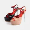 Sandalias de plataforma de tacón alto ultra finas sexy para mujer, de moda, con tira de cuero brillante, punta redonda y abierta, transfronterizas de Oriente Medio, 14 cm