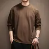 Camiseta Manga Longa Masculina 2026 Primavera/Outono Nova Gola Redonda Pulôver Solto Camiseta Textura Cor Sólida Tendência Japonesa