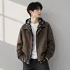 Jaqueta marrom estilo americano, falsa peça dupla, para homens, conjunto de outono e primavera, jaqueta Harrington, jaqueta de baseball estilosa