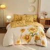 Conjunto de cama de quatro peças de algodão integral, tamanho grande, escovado, qualidade A, para outono e inverno, conjunto de cama espesso de algodão puro, conjunto de três peças de desenho animado