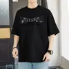Camiseta Branca Masculina de Algodão Puro Pesado Americano Manga Curta Tendência de Verão Estampada Meia Manga Gola Redonda Top