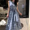 Vestido Chaleco de Mujer Coreano Dongdaemun de Alta Gama Chic Estilo Retro Francés con Cuello Redondo y Espalda de Atar con Falda de Dobladillo Amplio