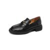 Academia estilo Pele de carneiro texturizada Gold Coin Loafers 2024 Primavera Grosso Salto Médio Couro Completo Commuter Round-toe Boca Profunda Sapatos de camada única para as mulheres
