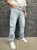 Jeans masculino simples, solto, reto, perna larga, rasgado, bonito, calça jeans reta para homens de comércio exterior europeu e americano