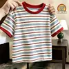 Camiseta Rayada de Manga Corta para Niños y Niñas, Algodón Puro, Nueva Elegante Estilo Coreano Estampado de Dibujos Animados Versátil Top Camiseta de Media Manga