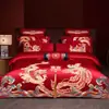 Juego de Cuatro Piezas para Boda de Dragón Rojo y Fénix Bordado de Algodón Habitación de Boda Ropa de Cama de Boda Colcha Festiva Sábanas