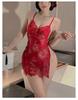 Feather Fu Lan Lingerie plus size feminina sexy decote em V profundo renda cheongsam saia com fenda perspectiva camisola sling