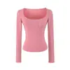 Estilo Coreano Bolsillos Sentido del Diseño Cuello en U Grande Puro Deseo Camiseta de Manga Larga para Mujer Otoño Nueva Llegada Corte Ajustado Corta Capa Base Top de Chica Atrevida