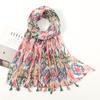Cachecol Novo de Primavera e Verão com Toque de Algodão e Linho, Xale Literário Estampado com Franjas, Cachecol Longo de Poliéster Pequeno Fresco Feminino Fashion e Versátil