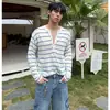 Suéter de punto con cuello Henley, jersey de manga larga a rayas hueco para hombre, estilo fino de otoño e invierno, venta al por mayor de fábrica transfronteriza