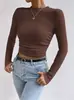 Camiseta de Manga Larga a Cuadros Redonda para Mujer con Aspecto Adelgazante, Top Plisado, Transfronterizo Europeo y Americano, Amazon, Otoño e Invierno, Delgado y Versátil