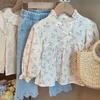 Blusa Floral para Niñas 2025 Nueva Primavera y Otoño Manga Larga Cuello Alto Estilo Muñeca Dulce y Elegante Estilo Coreano Top para Niños