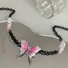 Collar de Cadena Negra de Mariposa Rosa Exagerada Europea y Americana Diseño Nicho Femenino Subcultura Hip Hop Cadena Picante y2k
