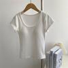Camiseta de Manga Corta con Cuello Redondo Estilo Americano con Almohadilla en el Pecho para Mujer Verano Ajustada Adelgazante Spice Girls Elástica Color Sólido Top Corto Nuevo Estilo