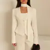 Ropa exterior nueva de otoño 2026 para mujer, transfronteriza europea y americana: traje de oficina elegante, moderno, de corte ajustado, escote en V, entallado a la cintura, color liso