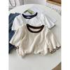 Camiseta Base de Color Contrastante con Volantes y Cuello Redondo para Mujer, Verano 2026, Diseño Texturizado de Pliegues, Camiseta de Manga Corta con Hombro Normal, Top de Gasa