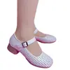 Verão 2026 Novos Sapatos Perfurados de Trama Vazada Sola Macia Salto Bloco Mary Janes Francesas Sapatos Femininos Salto Médio Sandálias Versáteis