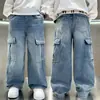 Calça Masculina Primavera e Outono Reta Infantil Longa para Crianças Maiores Jeans Cargo Solta Calça Wide Leg para Meninos de 12 Anos Tendência