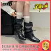 Botas Altas hasta la Rodilla Color Caqui con Puntera Plisada Tacón Oculto para Mujer 2026 Nuevas Botas Vaqueras Retro Merade Botas Arrugadas
