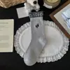 Calcetines de Lana Grises con Dibujo de Gato Negro para Mujer, Gruesos y Cálidos para Otoño e Invierno, Calcetines de Algodón con Rayas Bordadas de Media Caña, Calcetines Holgados
