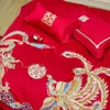 Conjunto de casamento em tecido escovado hipoalergênico em vermelho vibrante, conjunto de capa de edredom com bordado pesado requintado estilo chinês