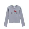Camiseta Blanca de Cuello Redondo Hombro Caído Manga Larga para Mujer Estilo Nuevo Primavera Otoño Estampado de Dibujos Animados Hello Kitty Corte Delgado Versátil Superior para Mujer