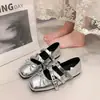 Sapatos Mary Jane quadrados retrô estilo francês com laço para mulheres, novidade outono 2026, sapatos baixos rasos versáteis estilo bailarina