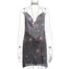 Vestido sexy con escote en V, espalda descubierta y lentejuelas metálicas, con cadena de diamantes y abertura en el cuello LBZ627-1