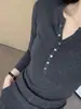 Camiseta Interior de Punto Gris Estilo Francés con Cuello en V para Mujer Otoño Petite Adelgazante Ropa Interior Camiseta Interior