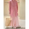 Calça Casual Confortável Versátil de Perna Larga Rosa com Bolsos Dupla Camada para Mulheres Verão Algodão Linho Solta Emagrecedora Calça Casual