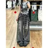 Chao Li tiene en stock jeans desgastados rotos para mujer, nuevo estilo de verano 2026, pantalones de pierna ancha rectos con panel trasero de cuadros