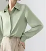 Camisa Vintage Verde Oscuro de Satín para Mujer, Moda de Lujo Ligero, Corte Holgado, Tapeta Oculta, Elegante Camisa de Manga Larga Estilo Hong Kong para el Trabajo