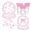 Festa de Aniversário Temática Rosa com Laço Cruzada Mesa Pratos de Jantar Copos de Papel Guardanapos de Papel Conjunto de Pratos de Papel Descartáveis