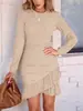 Vestido Europeu e Americano Feminino 2025 Primavera e Outono Emagrecedor Elegante Manga Longa Slim Plissado Gola Redonda Base Cintura Cauda de Peixe