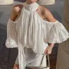 Blusa Feminina com Gola Halter e Mangas Bufantes em Design Estilo Francês, Top Feminino Soltinho de Verão de Alta Qualidade, Roupas Femininas Texturizadas